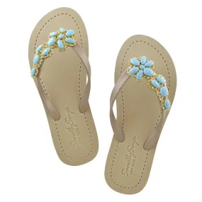 Brooklyn Turquoise Blue Flower - Crystal Rhine Stone Embellished Women's Flat Flip Flops Sandal