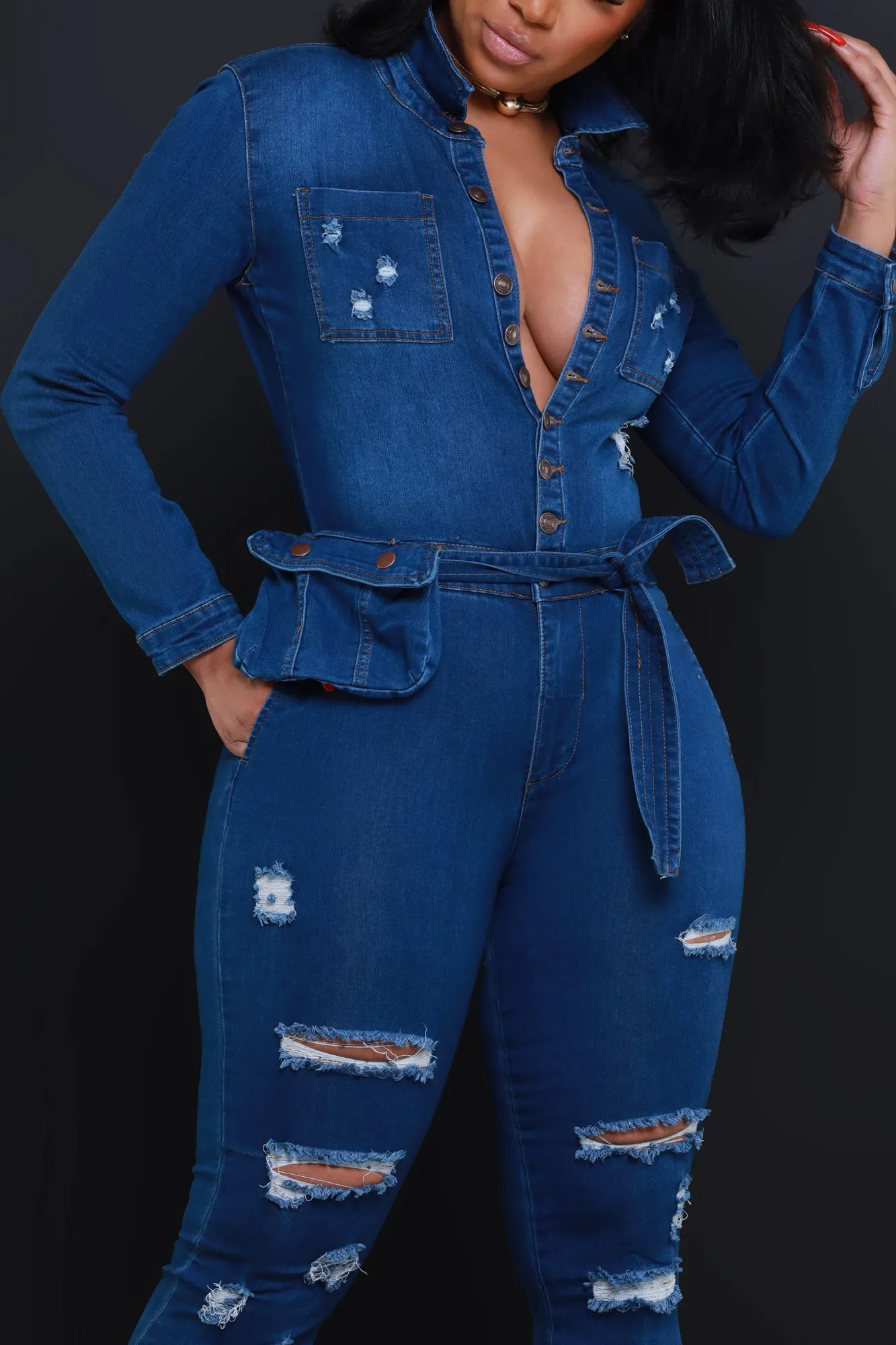 Declare Distressed Denim Jumpsuit - Mid Wash