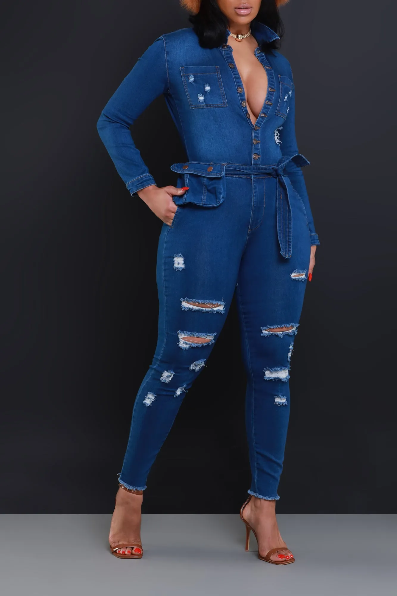 Declare Distressed Denim Jumpsuit - Mid Wash