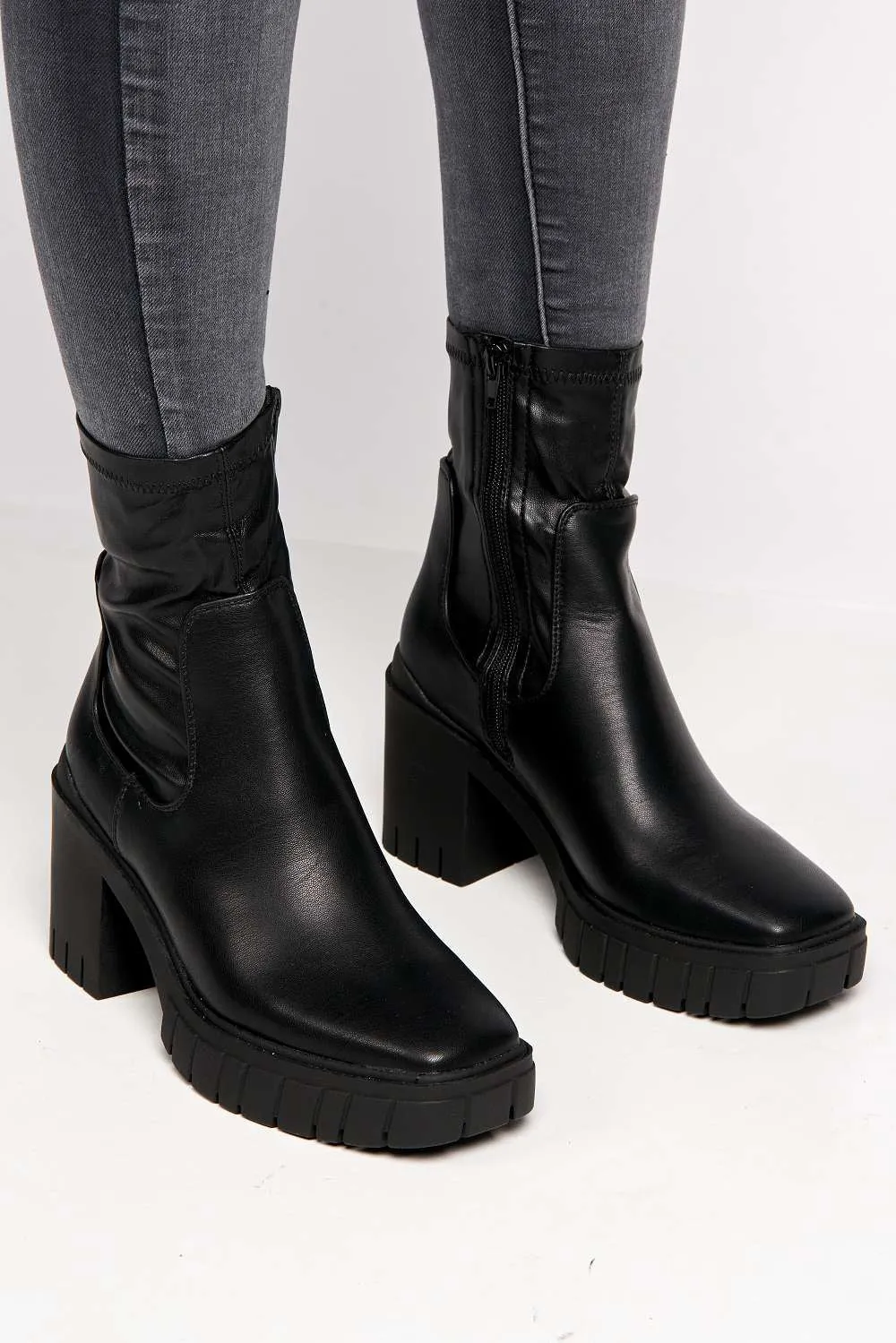 Edna Faux Leather Chunky Block Heel Ankle Boots in Black