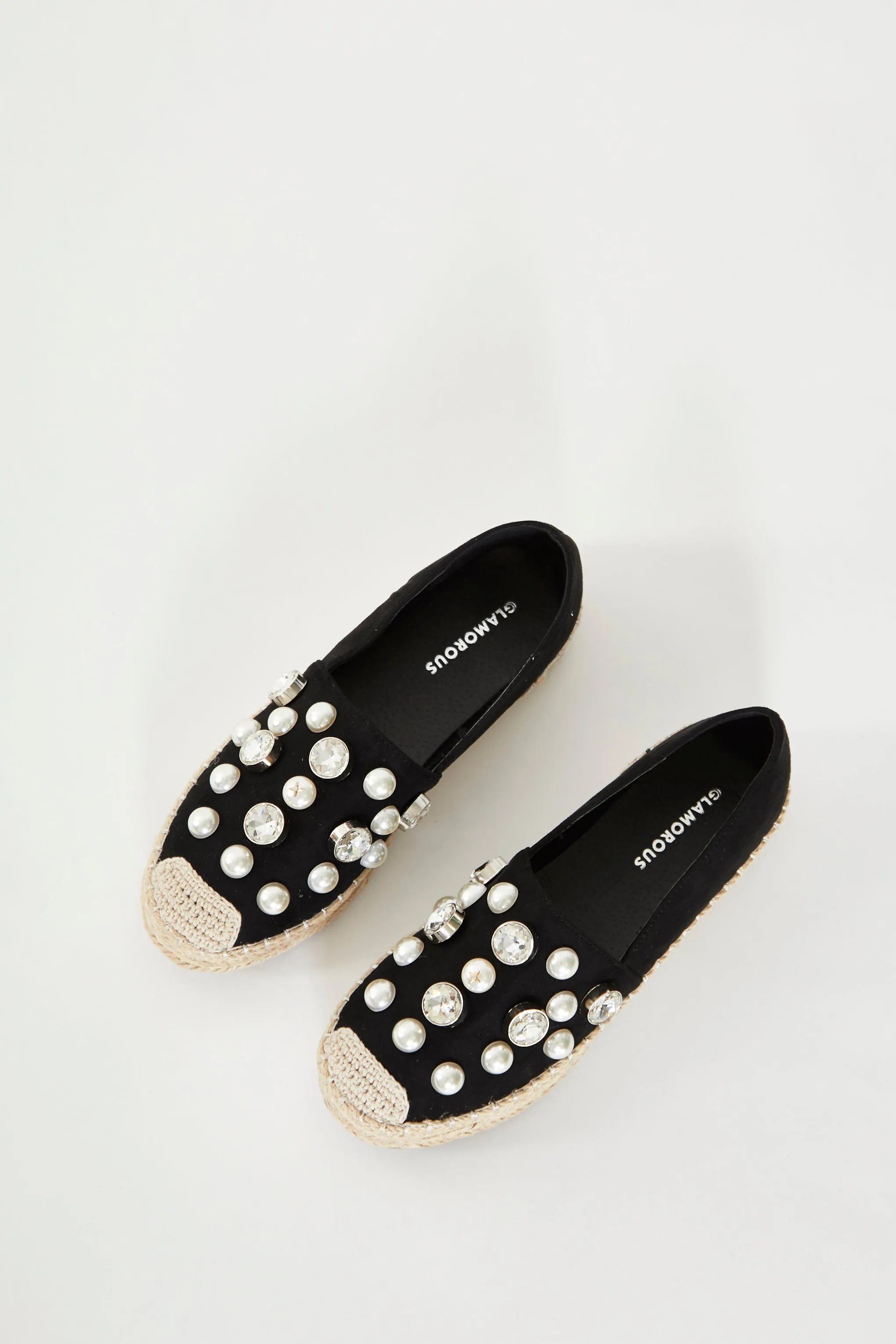 Glamorous Black Embellished Flat Espadrille Shoes