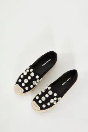 Glamorous Black Embellished Flat Espadrille Shoes