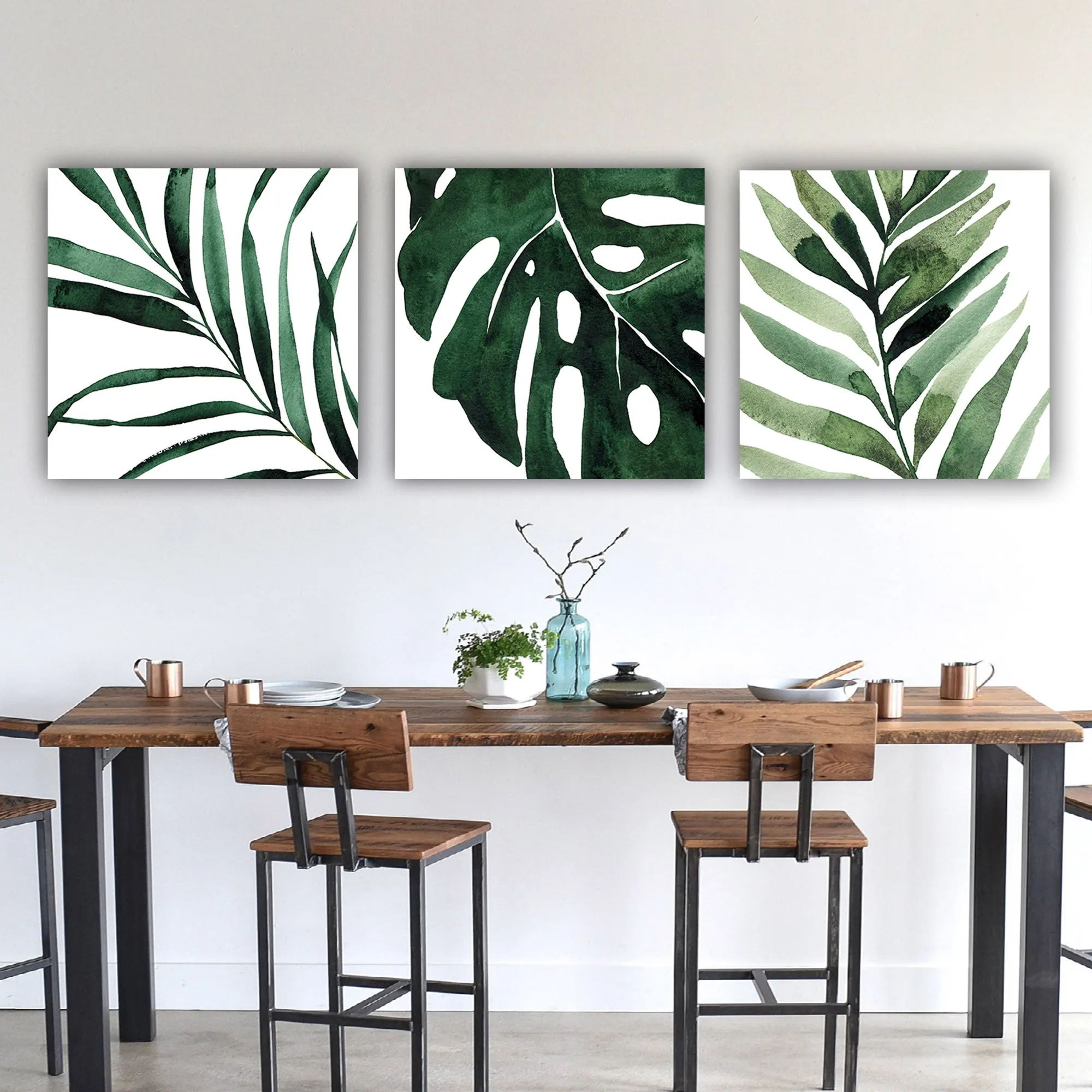 Square Watercolor Tropical Leaves Canvas Set