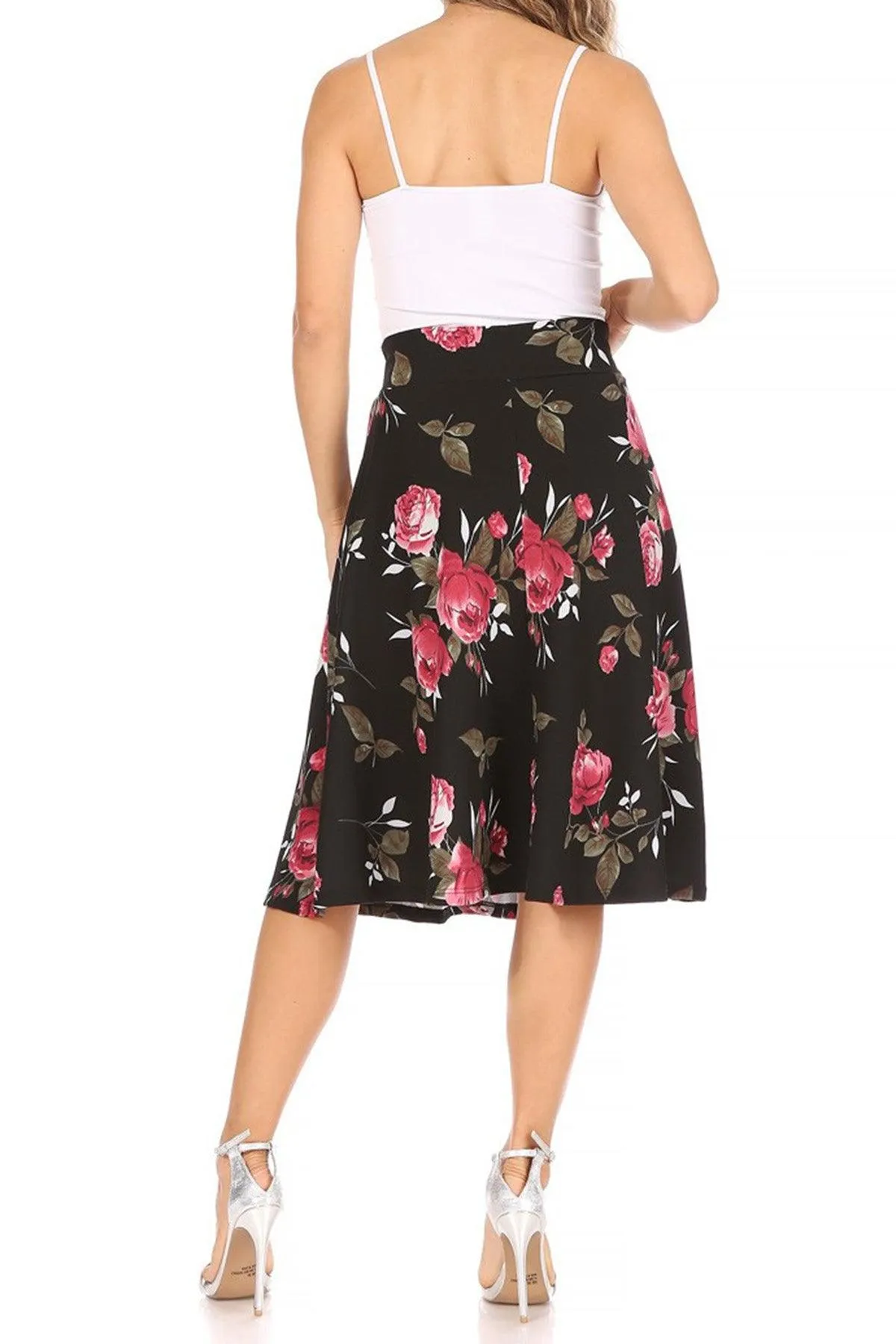 Women's Casual Floral Printed A Line High Waist Ribbon Belted Knee Length Midi Skirt