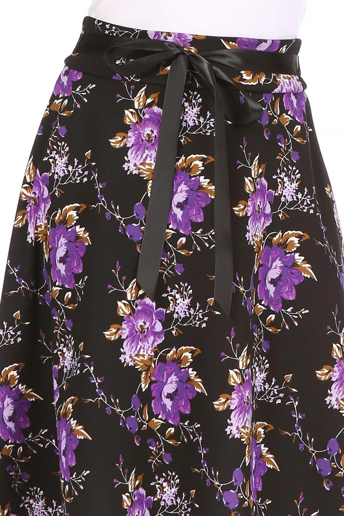 Women's Casual Floral Printed A Line High Waist Ribbon Belted Knee Length Midi Skirt