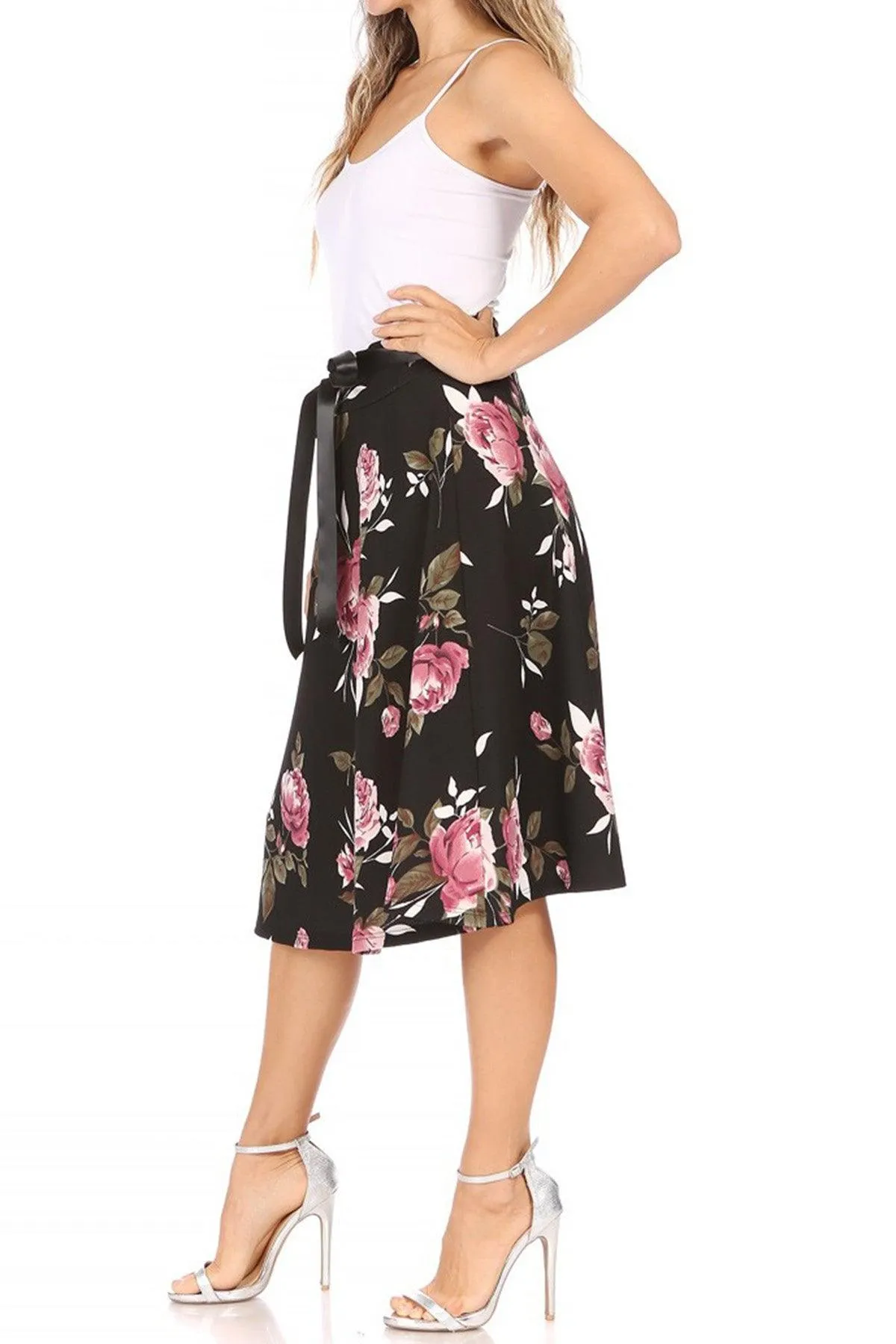 Women's Casual Floral Printed A Line High Waist Ribbon Belted Knee Length Midi Skirt